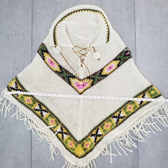VTG Flamingo Womens Knit Poncho Aztec Fringe Sweater BOHO Indie Cape Free Size - Picture 7 of 8